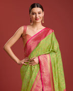 Monjolika Fashion Glamour And Tradition With This Parrot Green Color Zari Woven Banarasi Tissue Silk Saree | Grocsy