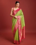 Monjolika Fashion Glamour And Tradition With This Parrot Green Color Zari Woven Banarasi Tissue Silk Saree | Grocsy