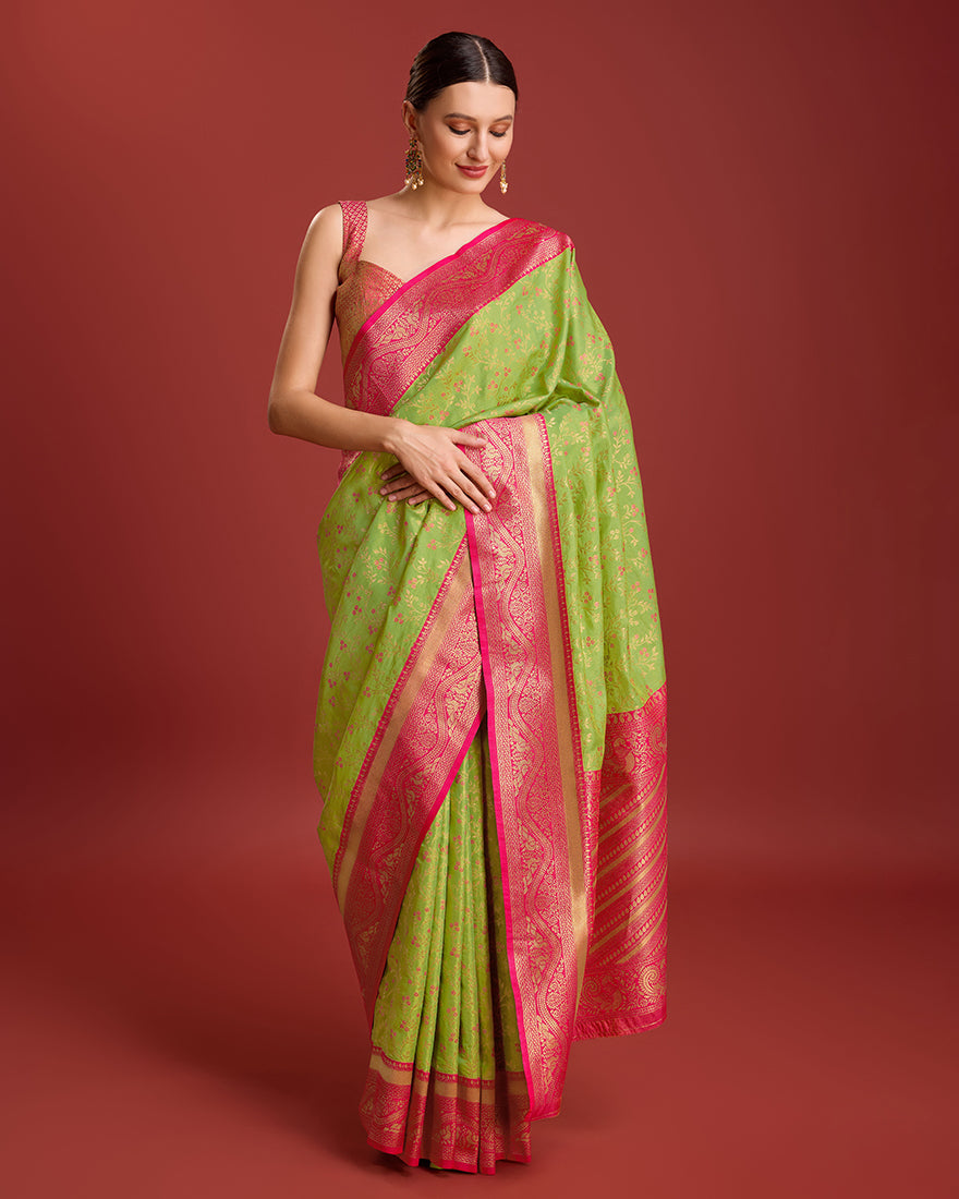 Monjolika Fashion Glamour And Tradition With This Parrot Green Color Zari Woven Banarasi Tissue Silk Saree | Grocsy