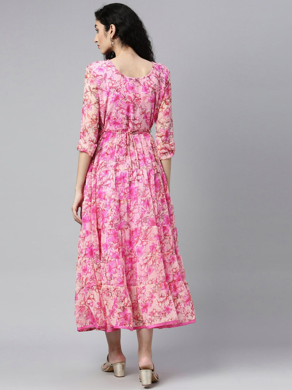 Souchii Pink & peaches n cream Floral Layered Chiffon Midi Dress | Grocsy