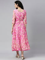 Souchii Pink & peaches n cream Floral Layered Chiffon Midi Dress | Grocsy