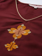 All About You Women Maroon Floral Yoke Design Regular Kurta with Trousers | Grocsy