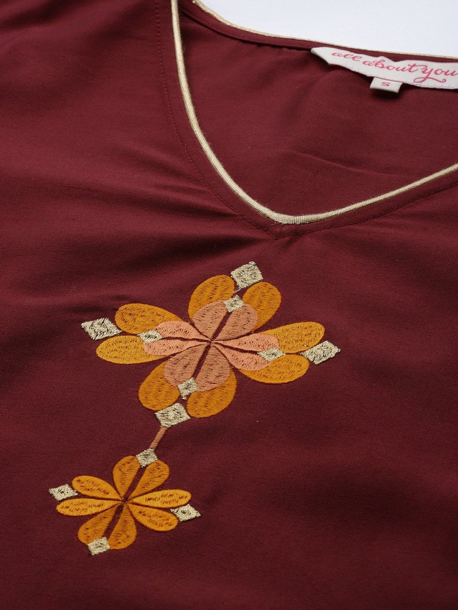 All About You Women Maroon Floral Yoke Design Regular Kurta with Trousers | Grocsy