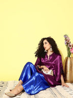 InWeave Women's Wine Navy Brocade Satin Boho Blue Palazzo Set | Grocsy