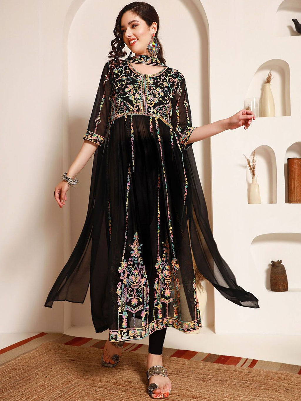 Sangria Black Ethnic Motifs Embroidered Round Neck Georgette Straight Kurta With Dupatta | Grocsy