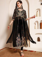 Sangria Black Ethnic Motifs Embroidered Round Neck Georgette Straight Kurta With Dupatta | Grocsy