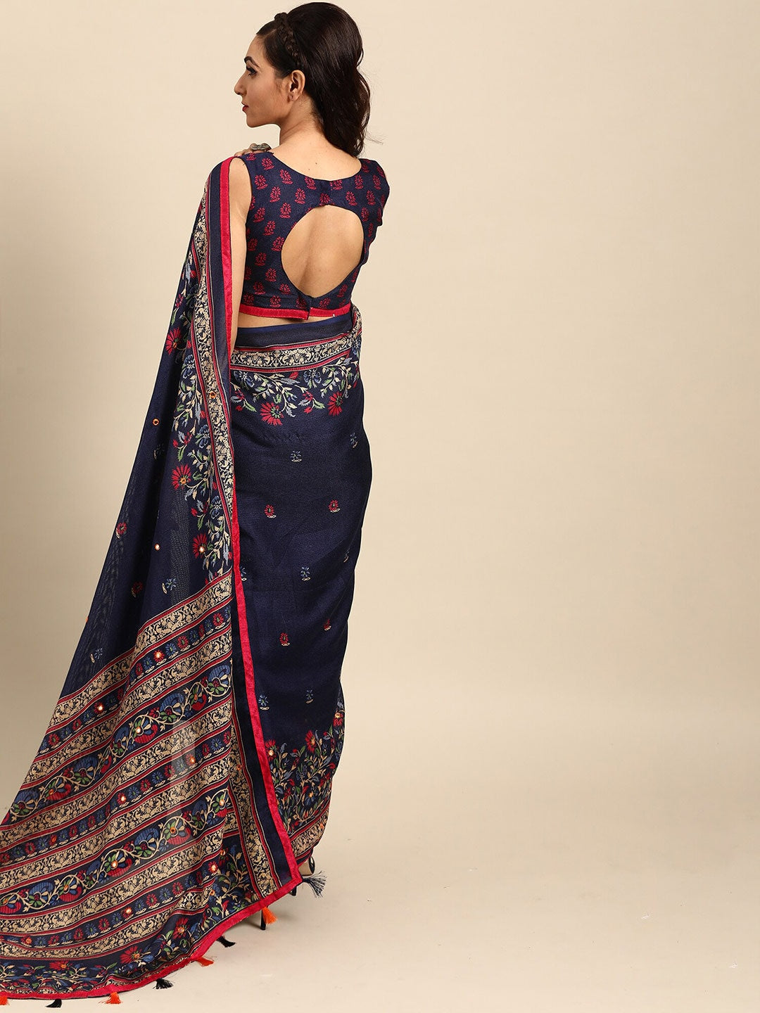 Saree Mall Navy Blue & Red Floral Jute Silk Block Print Sarees | Grocsy