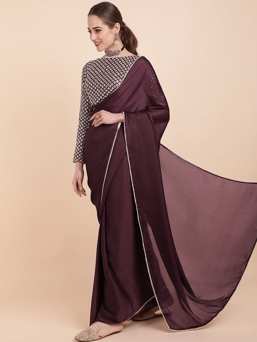 Sangria Burgundy Sequinned Satin Saree | Grocsy