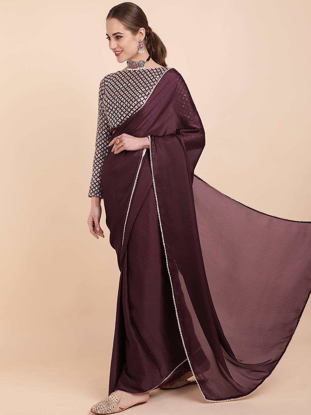 Sangria Burgundy Sequinned Satin Saree | Grocsy