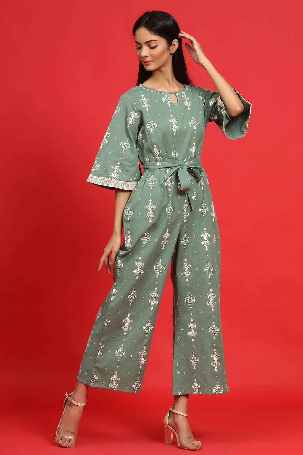 Juniper Sage Green Geometric Printed Cotton Flex Jumpsuit With Zip Closure | Grocsy