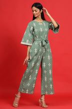 Juniper Sage Green Geometric Printed Cotton Flex Jumpsuit With Zip Closure | Grocsy