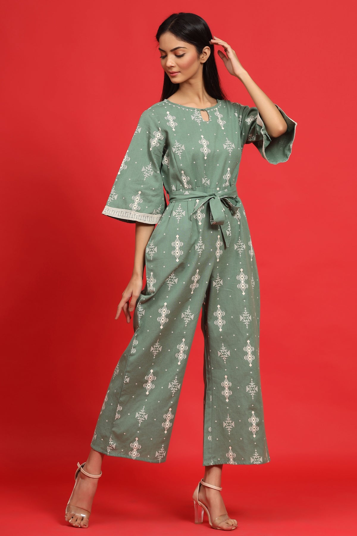 Juniper Sage Green Geometric Printed Cotton Flex Jumpsuit With Zip Closure | Grocsy