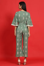 Juniper Sage Green Geometric Printed Cotton Flex Jumpsuit With Zip Closure | Grocsy