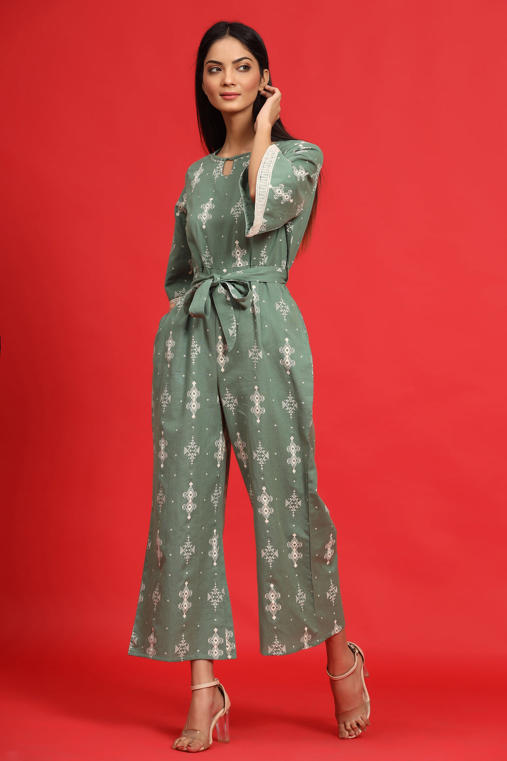 Juniper Sage Green Geometric Printed Cotton Flex Jumpsuit With Zip Closure | Grocsy