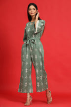 Juniper Sage Green Geometric Printed Cotton Flex Jumpsuit With Zip Closure | Grocsy