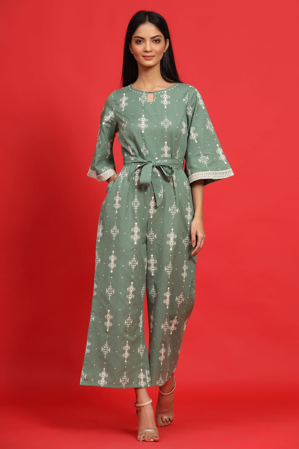 Juniper Sage Green Geometric Printed Cotton Flex Jumpsuit With Zip Closure | Grocsy