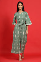 Juniper Sage Green Geometric Printed Cotton Flex Jumpsuit With Zip Closure | Grocsy