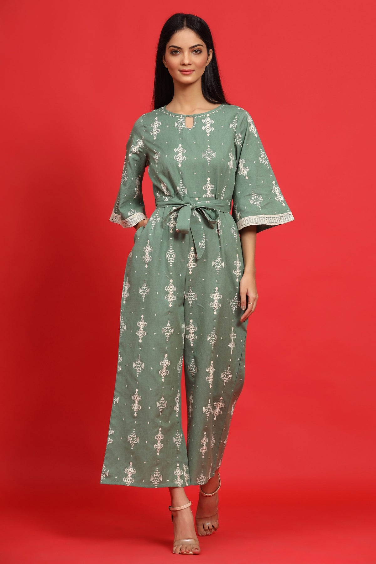 Juniper Sage Green Geometric Printed Cotton Flex Jumpsuit With Zip Closure | Grocsy