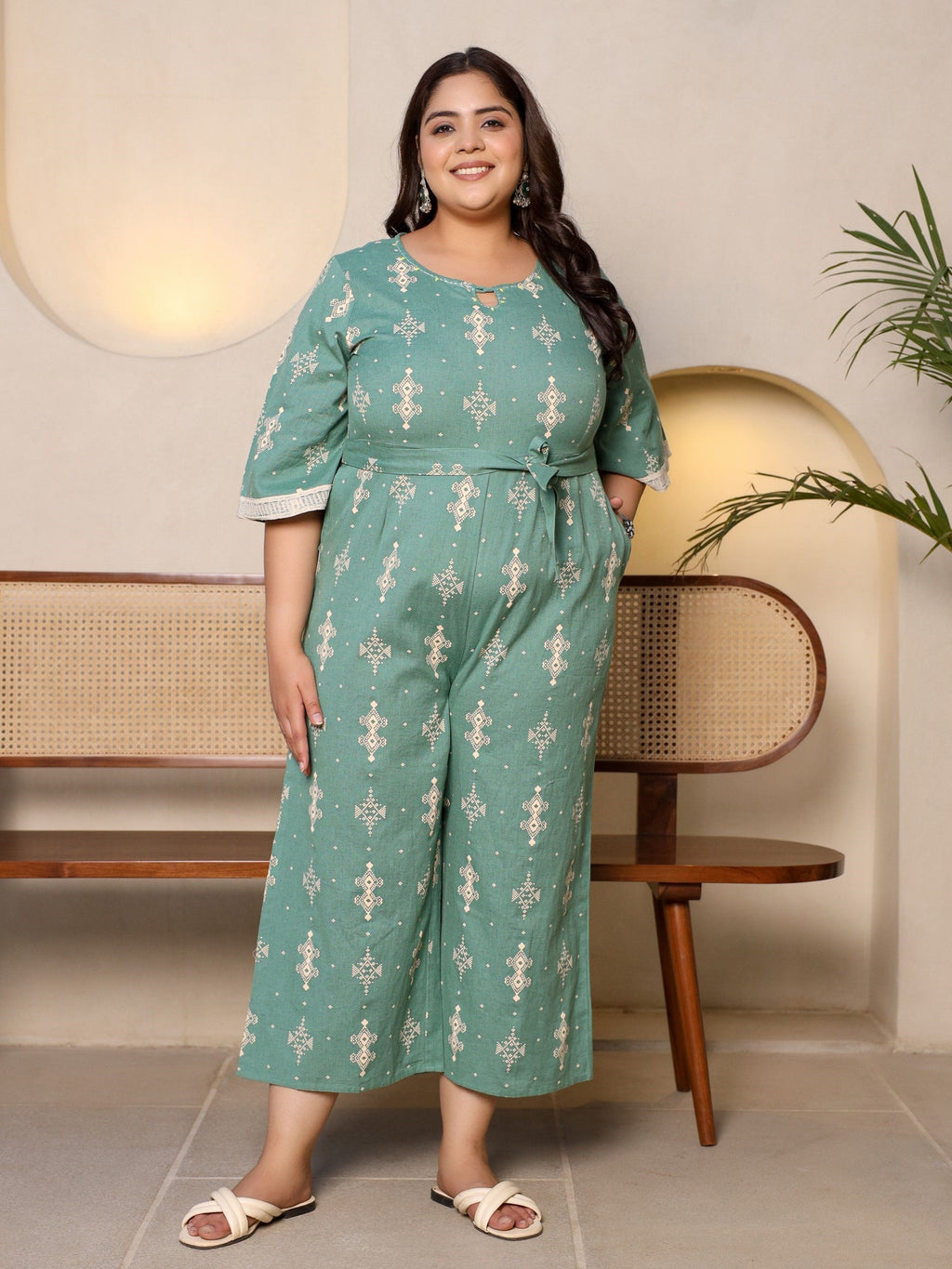 Juniper Sage Green Geometric Printed Cotton Flex Jumpsuit With Zip Closure | Grocsy