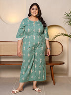 Juniper Sage Green Geometric Printed Cotton Flex Jumpsuit With Zip Closure | Grocsy