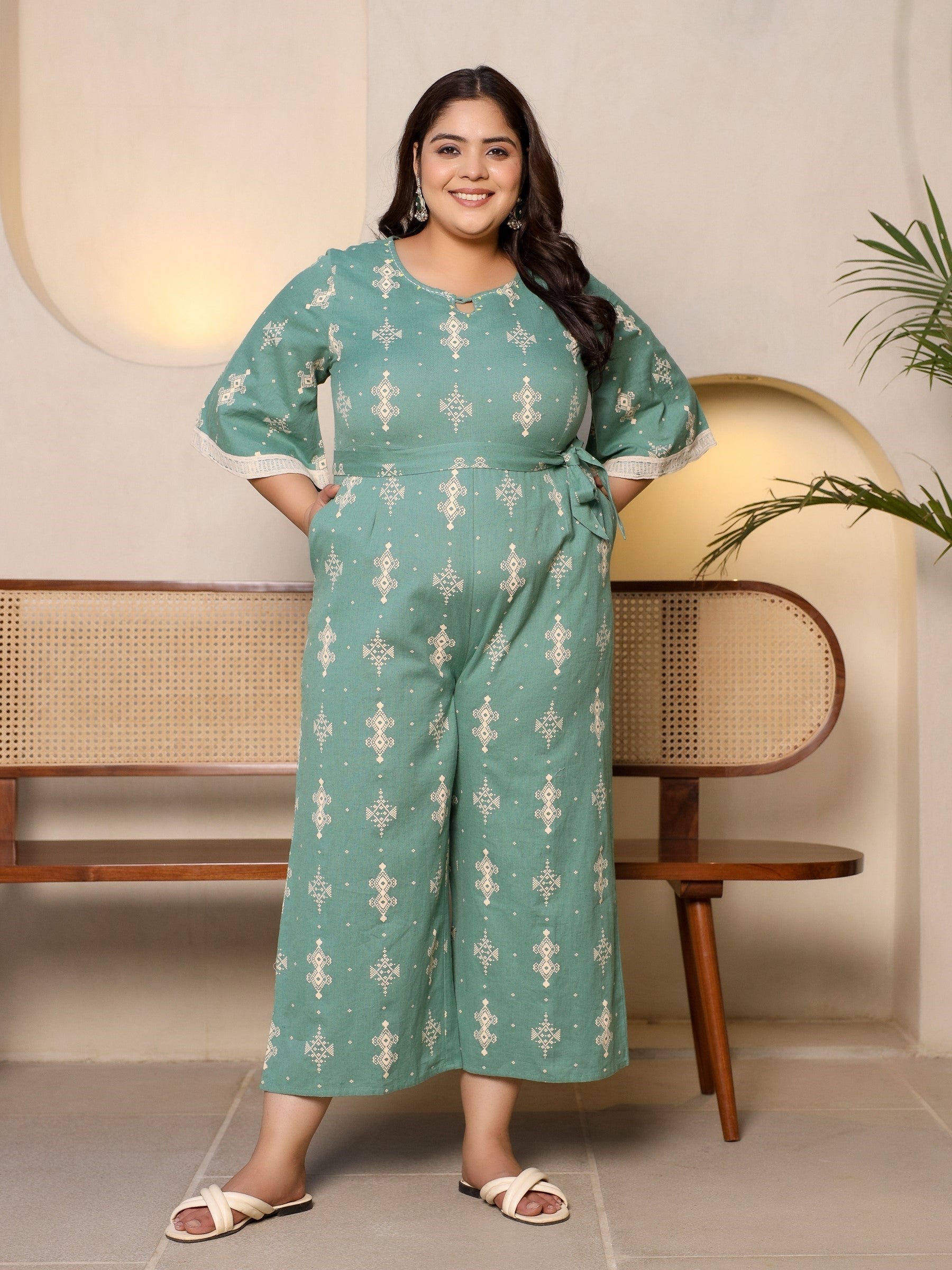 Juniper Sage Green Geometric Printed Cotton Flex Jumpsuit With Zip Closure | Grocsy