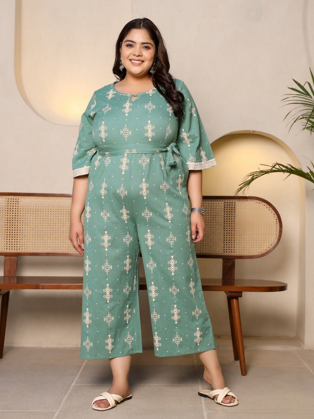 Juniper Sage Green Geometric Printed Cotton Flex Jumpsuit With Zip Closure | Grocsy