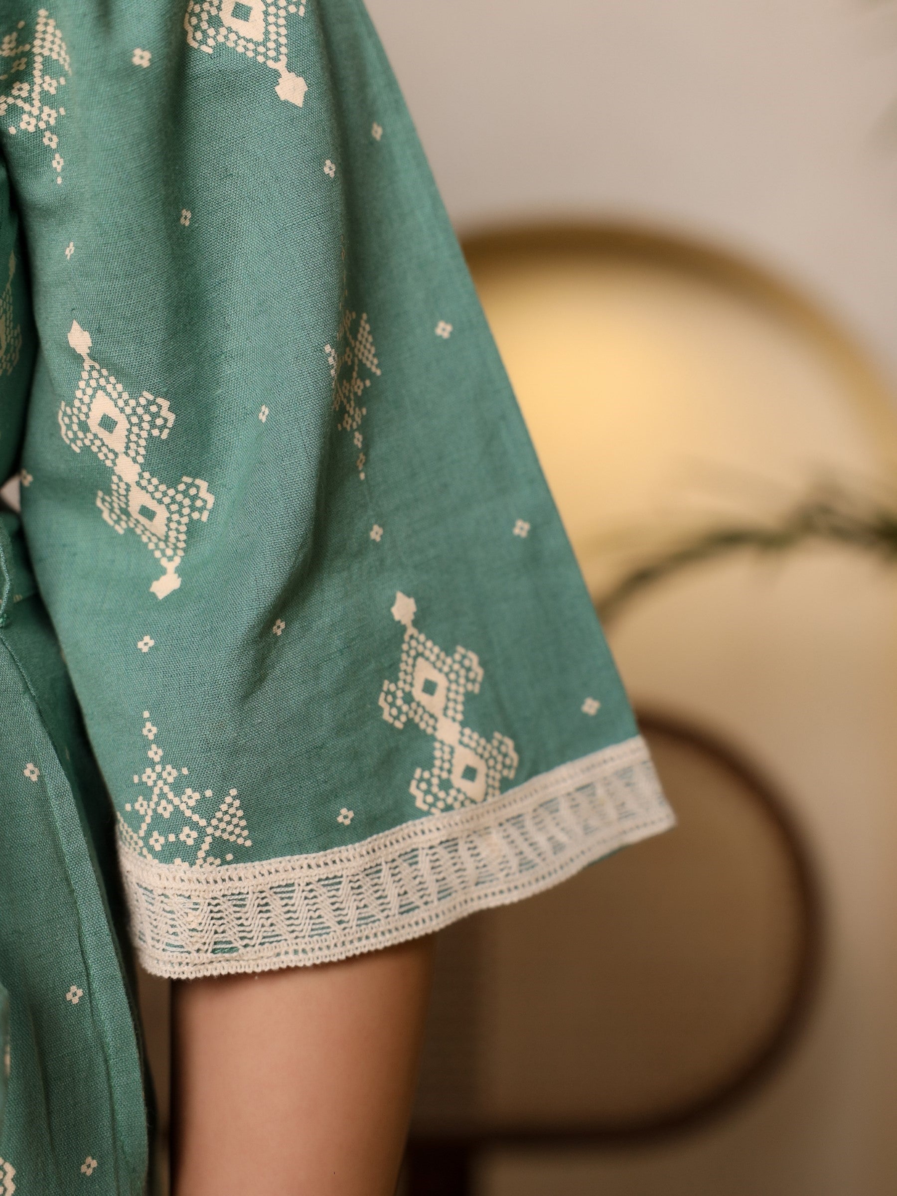 Juniper Sage Green Geometric Printed Cotton Flex Jumpsuit With Zip Closure | Grocsy