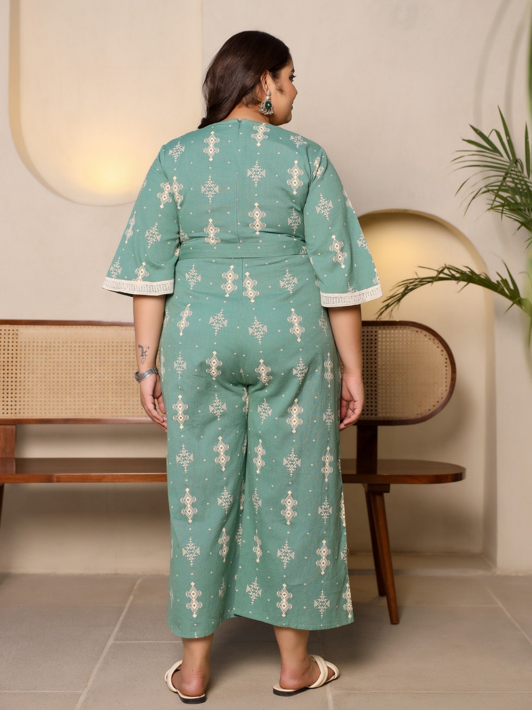 Juniper Sage Green Geometric Printed Cotton Flex Jumpsuit With Zip Closure | Grocsy