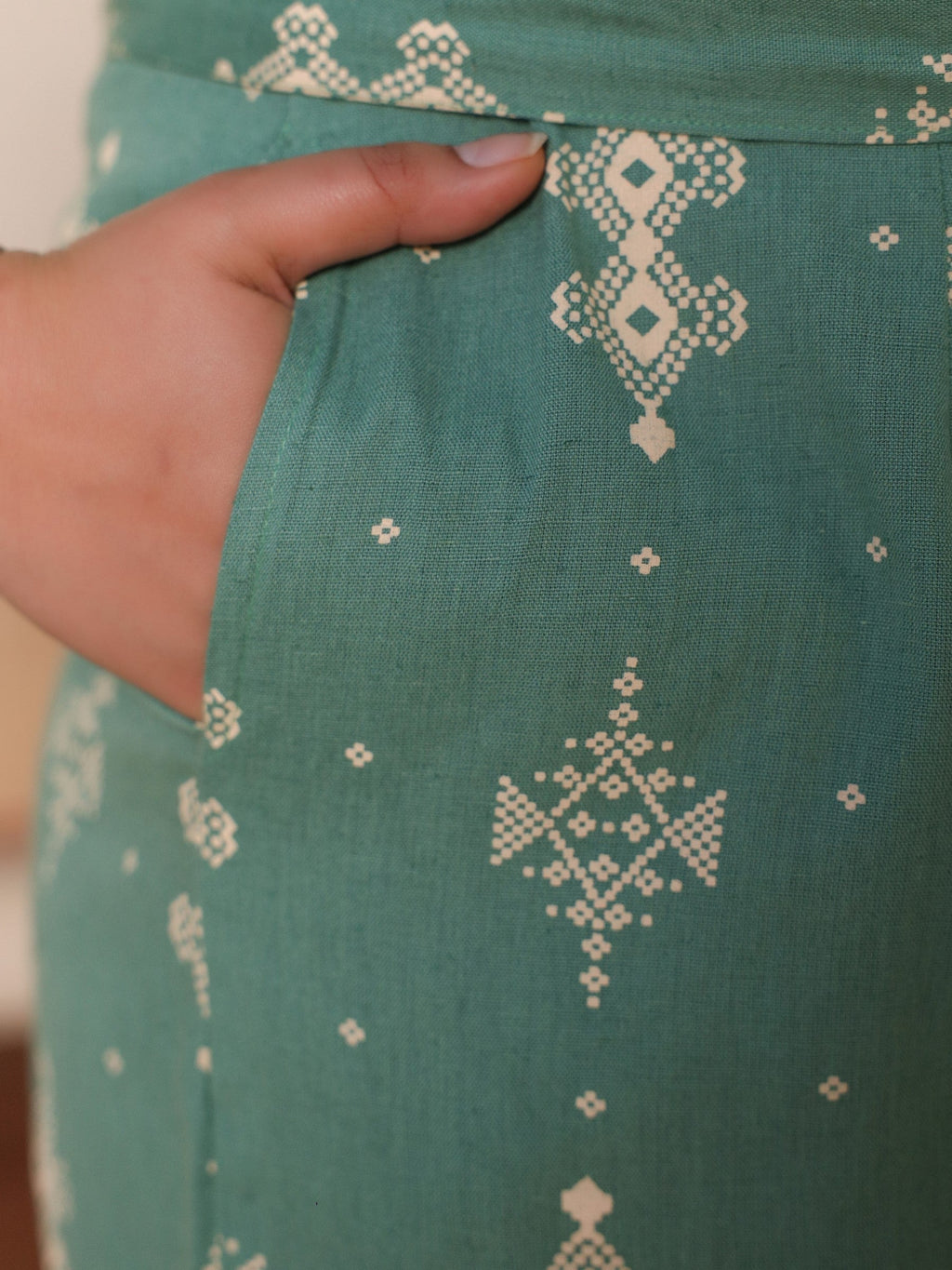 Juniper Sage Green Geometric Printed Cotton Flex Jumpsuit With Zip Closure | Grocsy