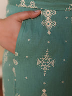 Juniper Sage Green Geometric Printed Cotton Flex Jumpsuit With Zip Closure | Grocsy
