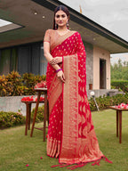 Tikhi Imli Pink Ethnic Motifs Woven Design Zari Saree | Grocsy