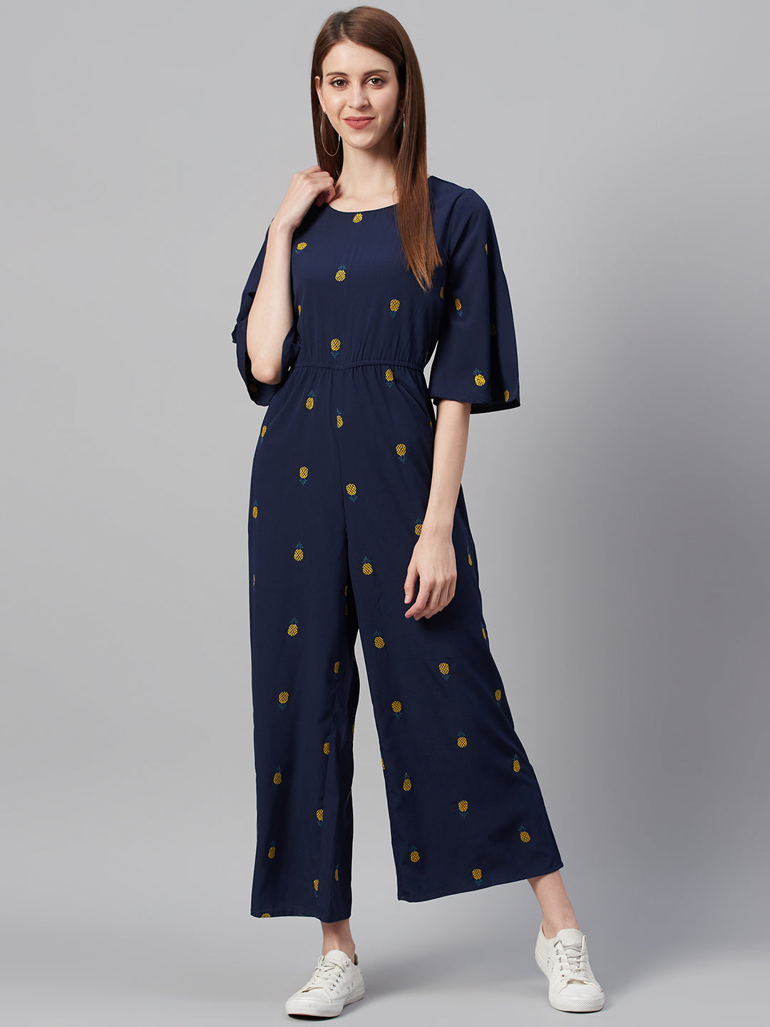 Juniper Women Darkblue Micro Poly Embroidered Regular Jumpsuit | Grocsy
