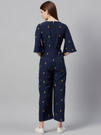 Juniper Women Darkblue Micro Poly Embroidered Regular Jumpsuit | Grocsy