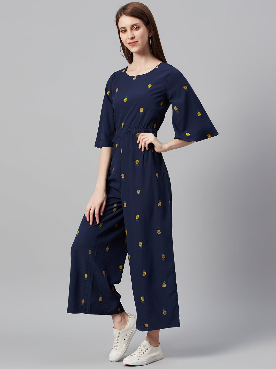 Juniper Women Darkblue Micro Poly Embroidered Regular Jumpsuit | Grocsy