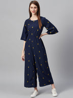 Juniper Women Darkblue Micro Poly Embroidered Regular Jumpsuit | Grocsy