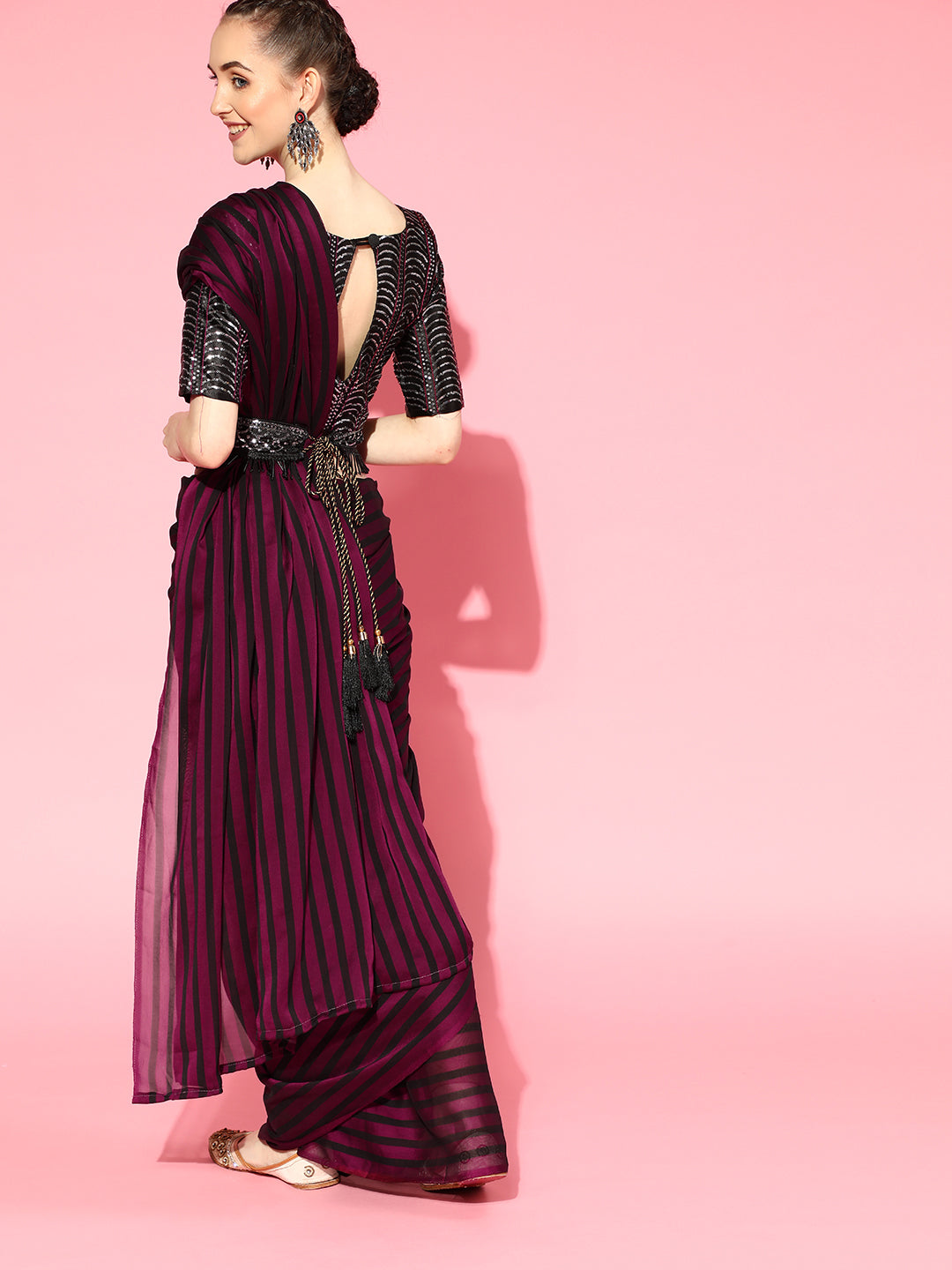 Saree Mall Burgundy Striped Poly Georgette Party Wear Saree with Matching Blouse | Grocsy