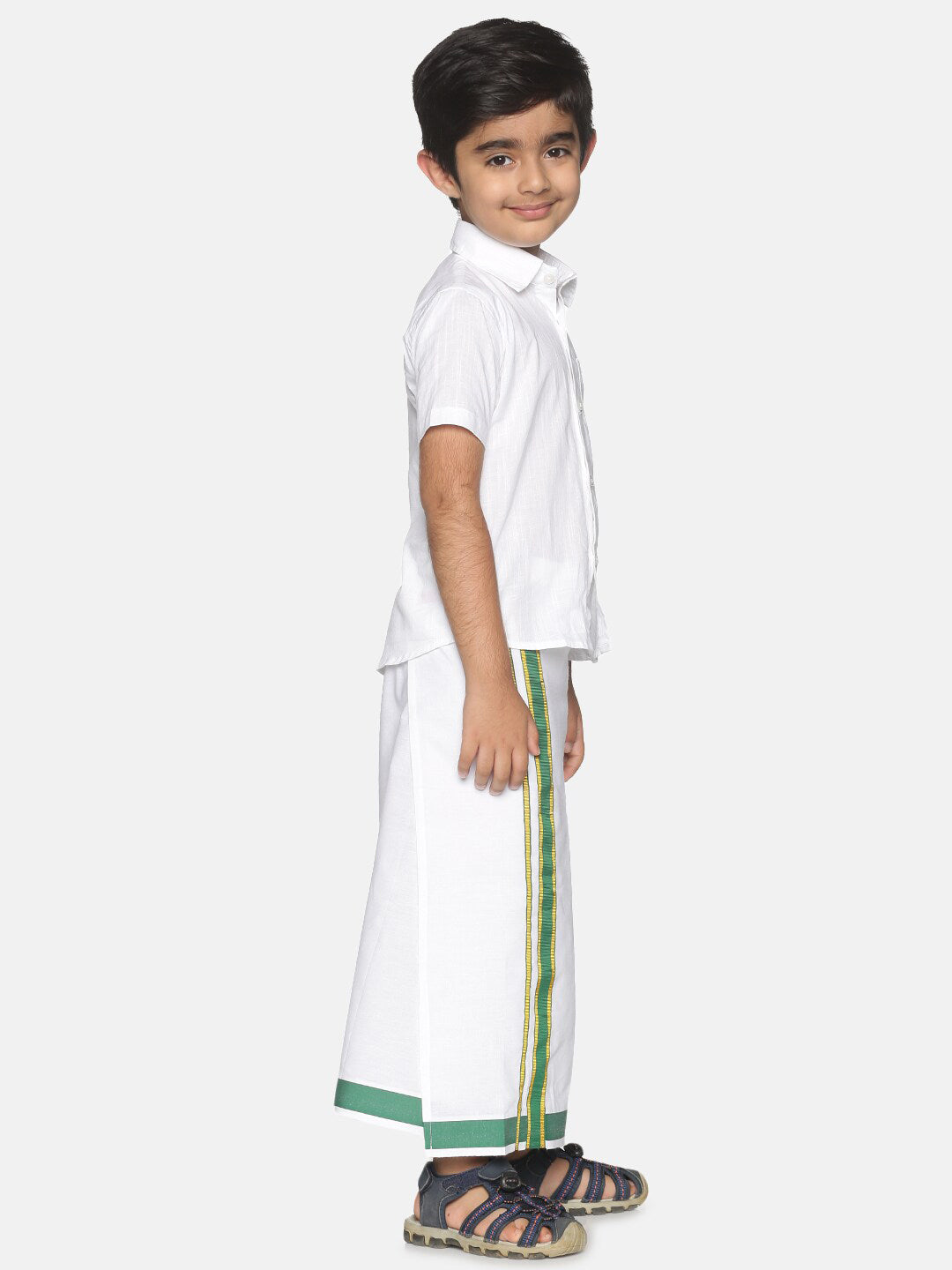 Sethukrishna Boys White & Green Pure Cotton Shirt with Dhoti | Grocsy