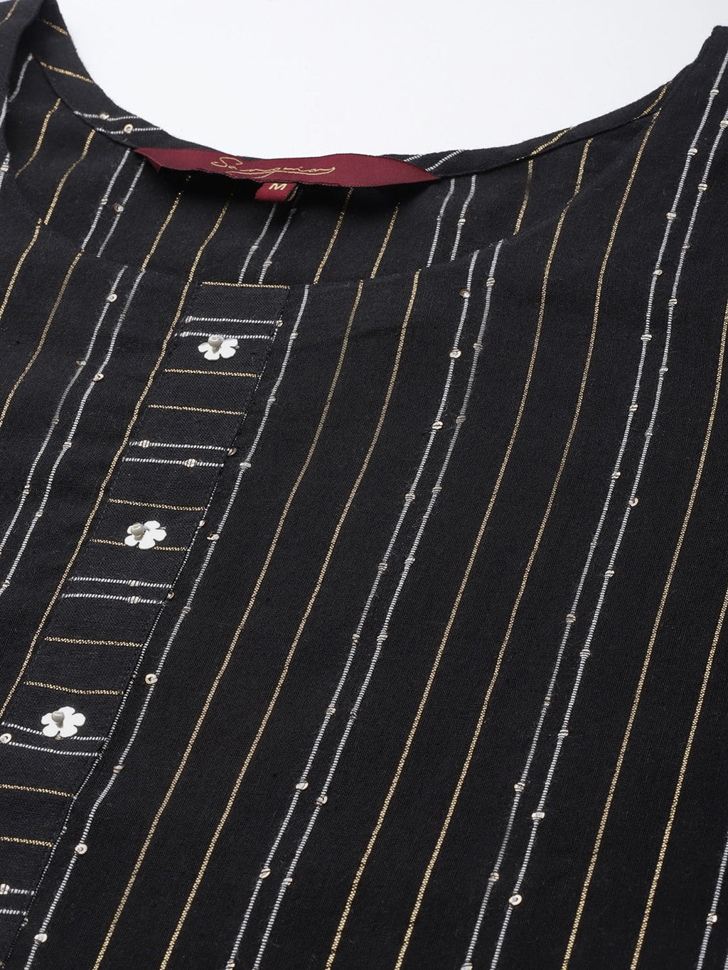 Sangria Women Black & White Striped Sequin Detail Kurta | Grocsy