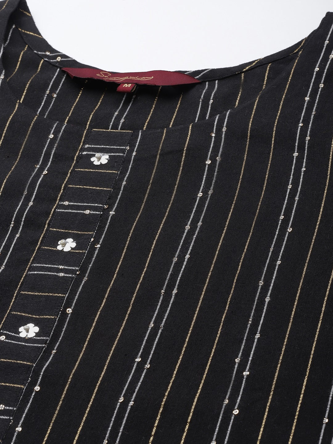 Sangria Women Black & White Striped Sequin Detail Kurta | Grocsy