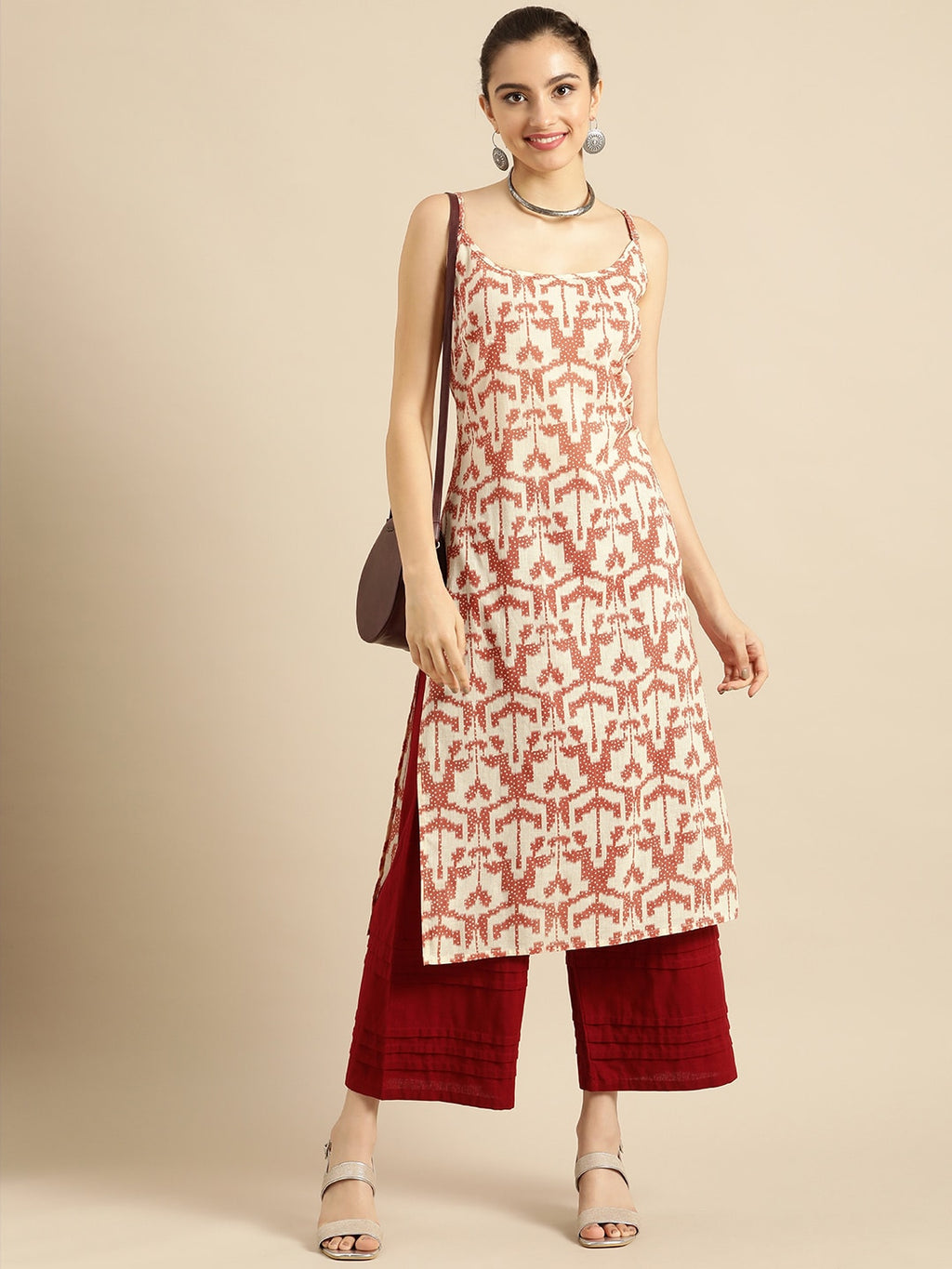 Sangria Women White & Rust Red Printed Cotton Kurta | Grocsy