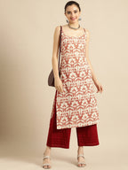 Sangria Women White & Rust Red Printed Cotton Kurta | Grocsy