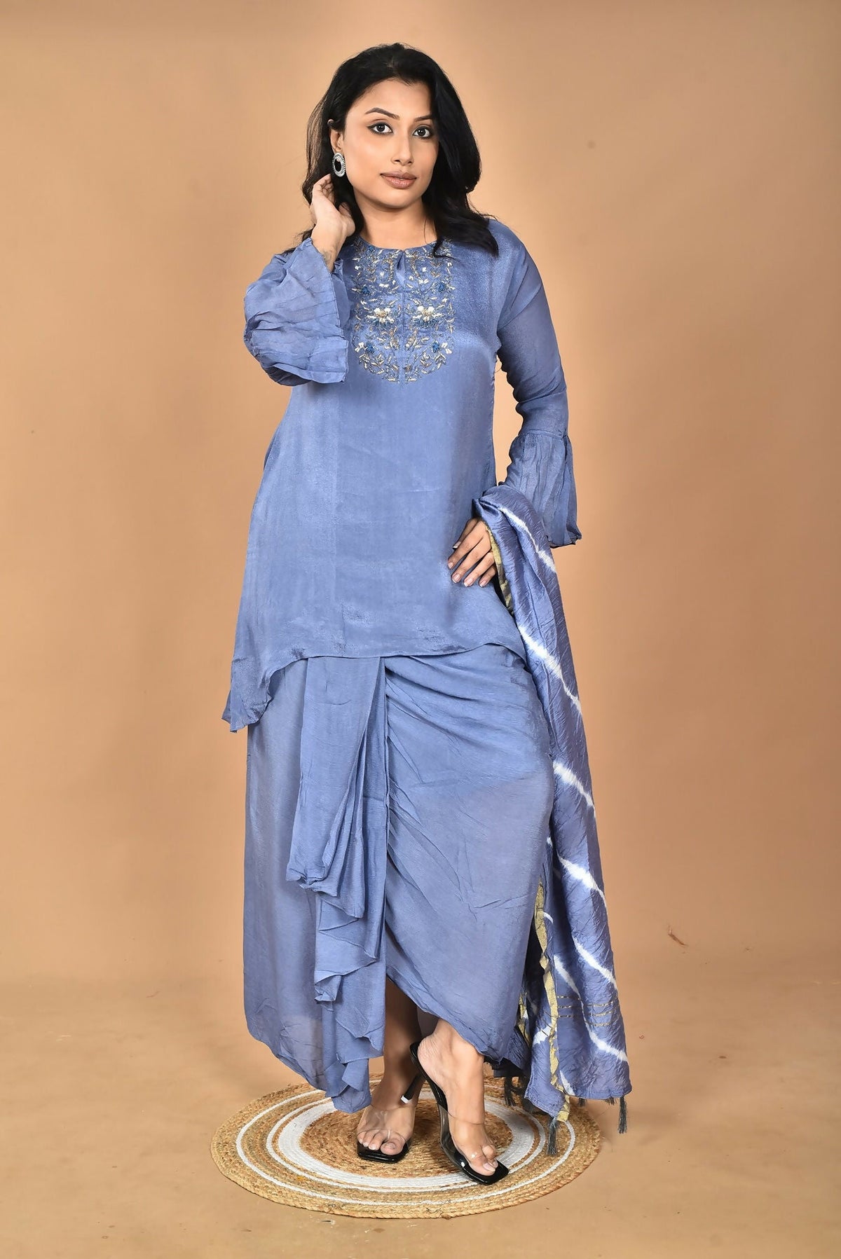 Morchari Women And Hand Embroidery Palazzo Set-Grey | Grocsy