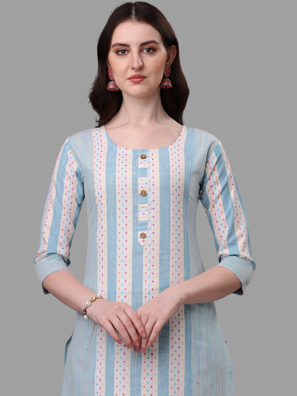 HERE&NOW Turquoise Blue Striped Regular Pure Cotton Kurta with Trousers & With Dupatta | Grocsy