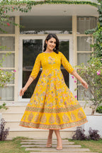 Juniper Women's Mustard Floral Printed Georgette Dress With Sequins | Grocsy
