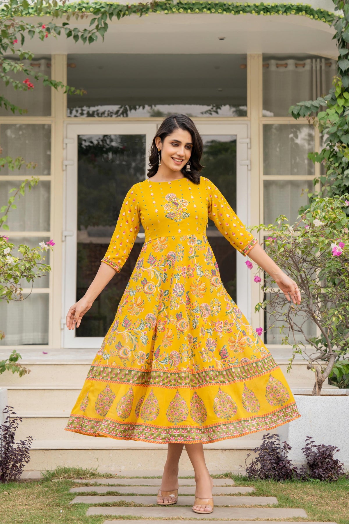 Juniper Women's Mustard Floral Printed Georgette Dress With Sequins | Grocsy