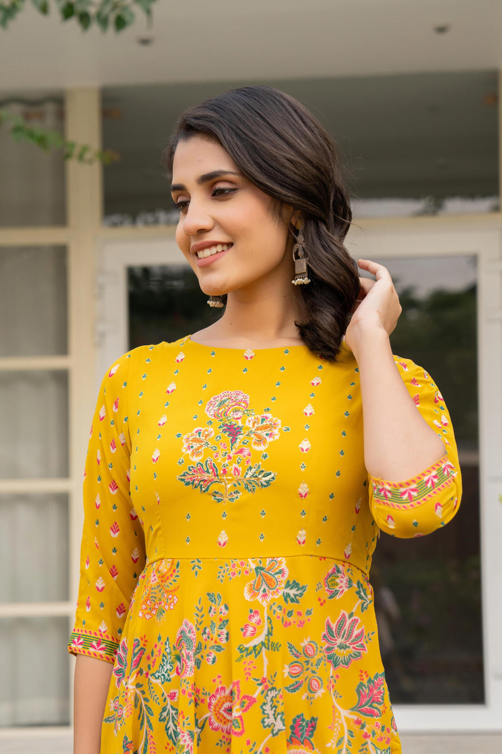 Juniper Women's Mustard Floral Printed Georgette Dress With Sequins | Grocsy
