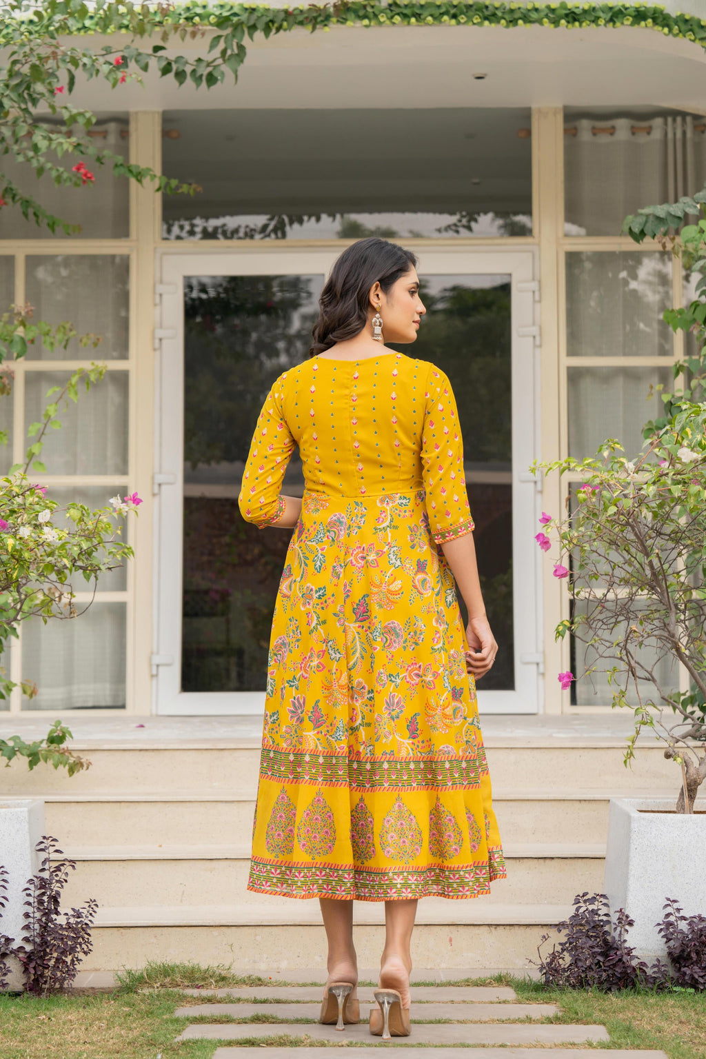 Juniper Women's Mustard Floral Printed Georgette Dress With Sequins | Grocsy