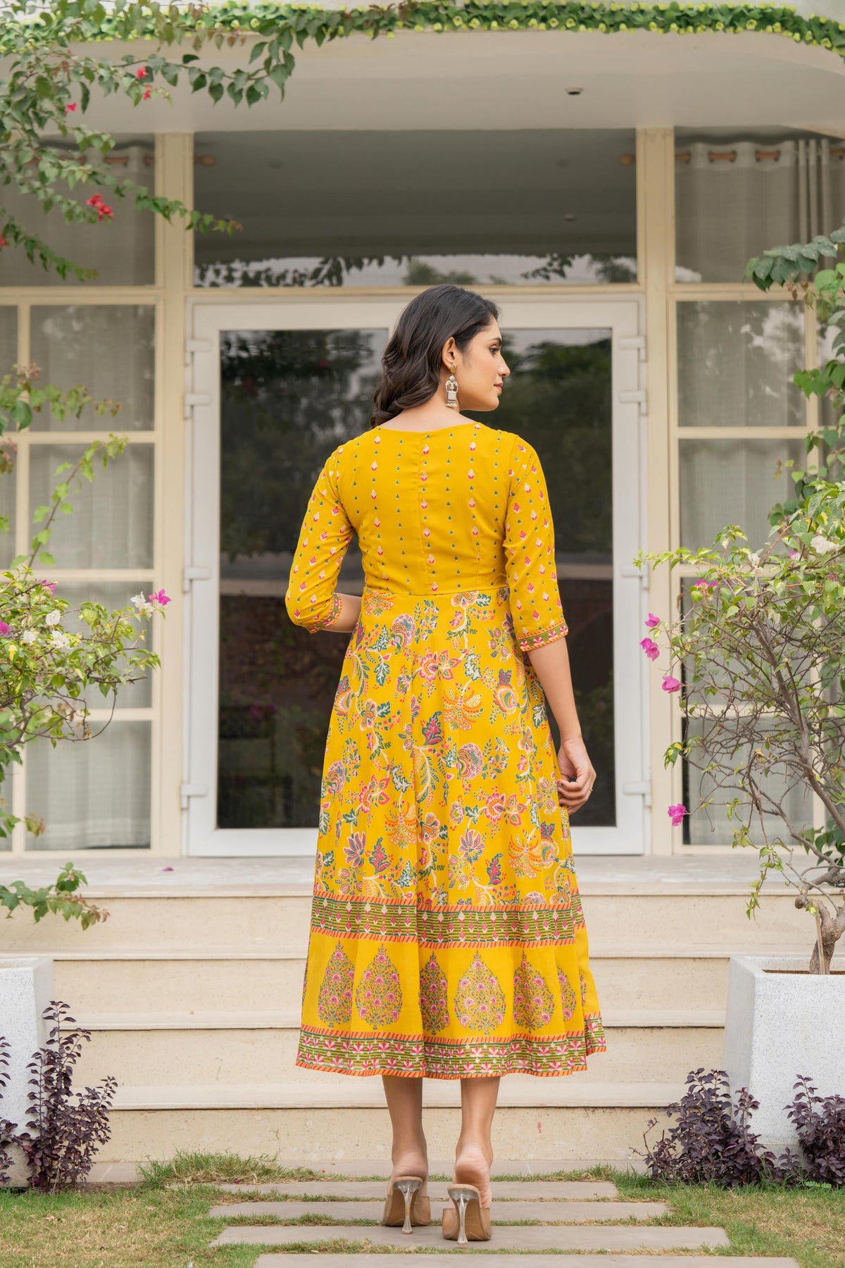 Juniper Women's Mustard Floral Printed Georgette Dress With Sequins | Grocsy