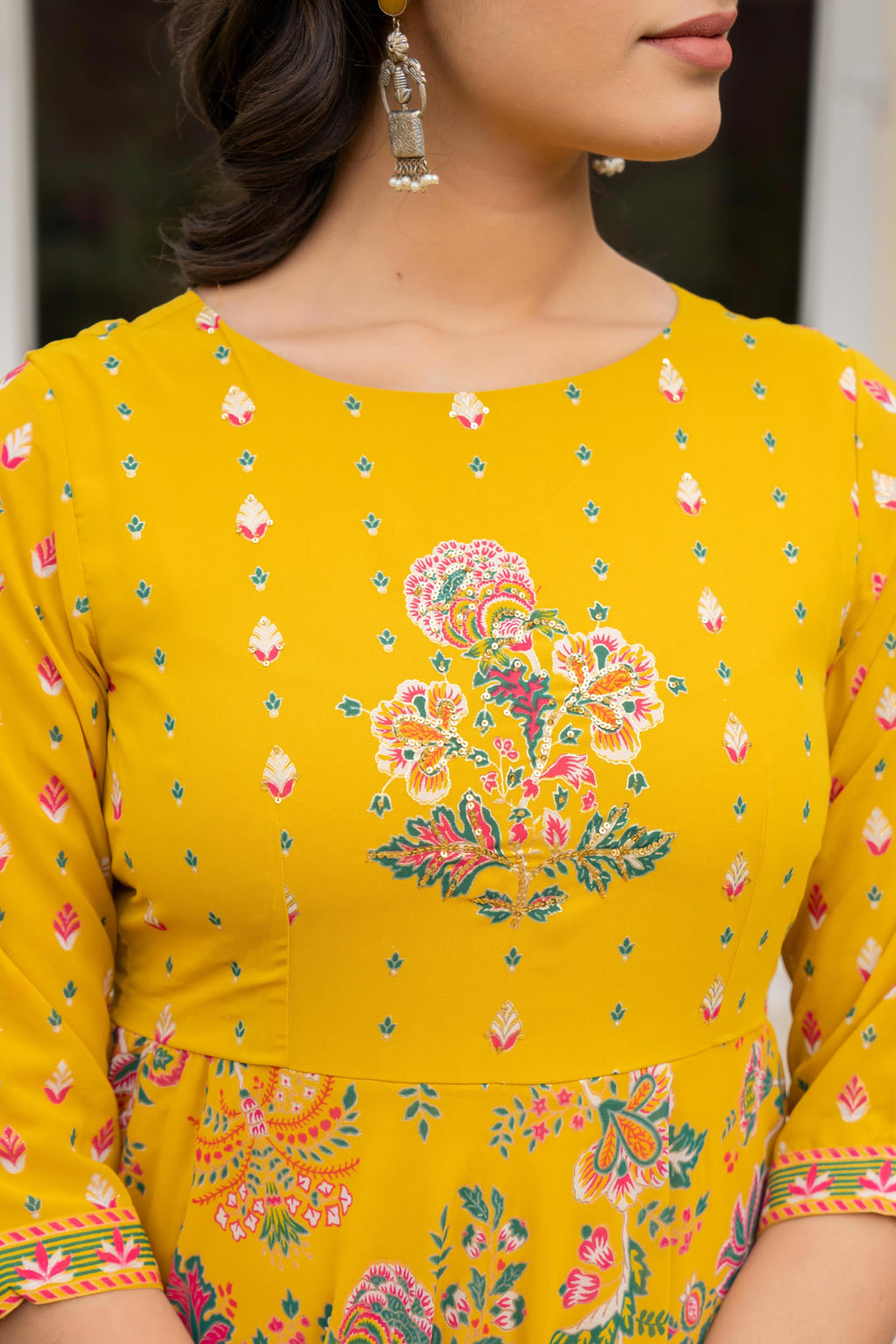 Juniper Women's Mustard Floral Printed Georgette Dress With Sequins | Grocsy