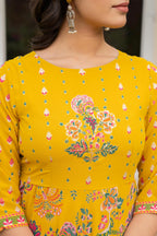 Juniper Women's Mustard Floral Printed Georgette Dress With Sequins | Grocsy